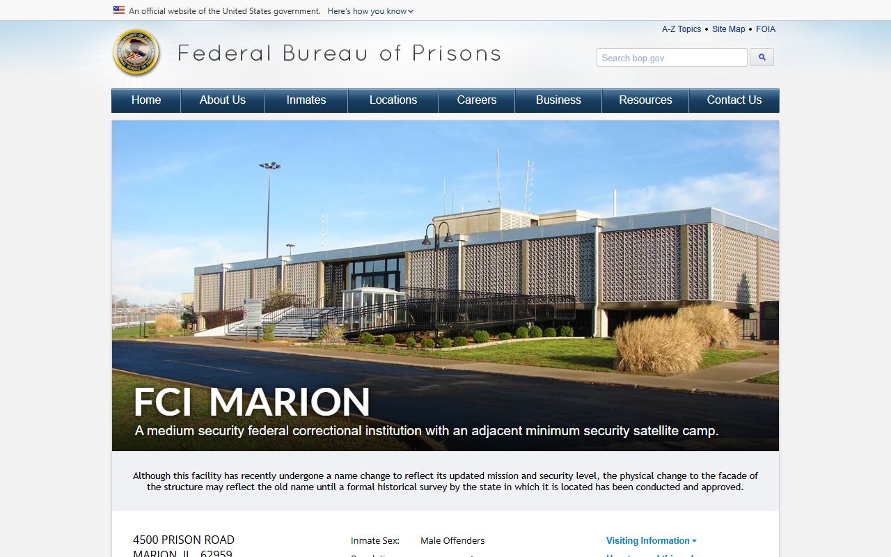 FCI Marion BOP facility page and federal inmate lookup information